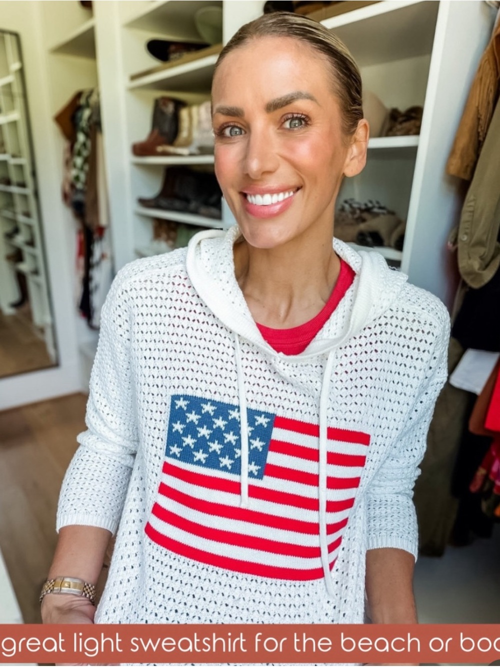 Natural Reflections White Knit Hoodie with Red & Blue Flag Graphic